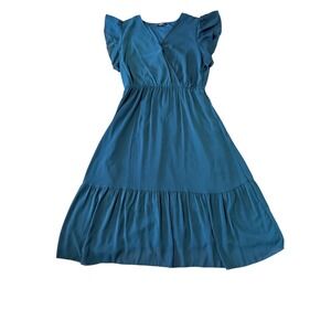 Fashion Teal Blue Ruffle Sleeve Wrap V-Neck Tiered Midi Dress Womens X-Large